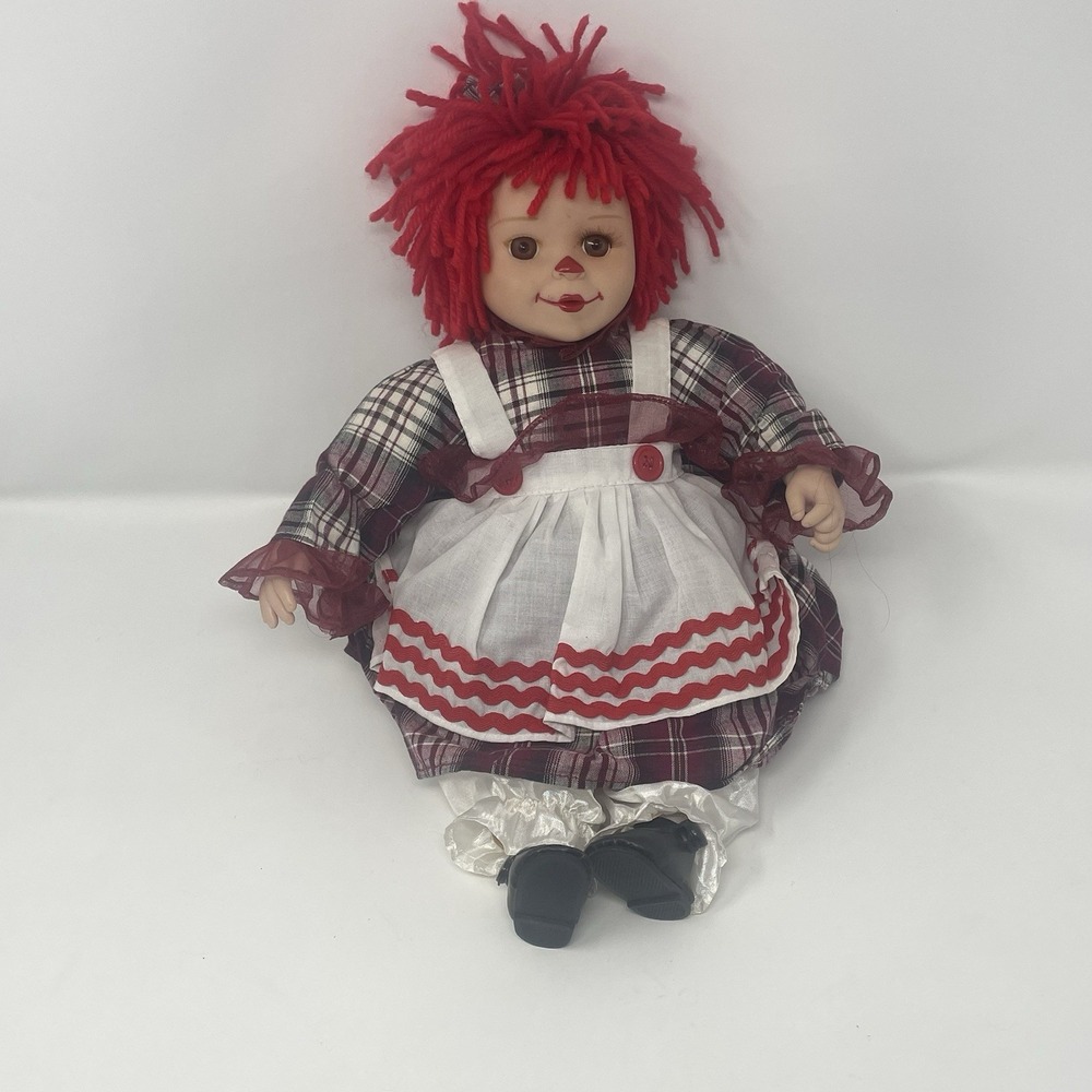 Vintage Soft Vinyl Raggedy Ann Clown Doll Red Hair Plaid Dress Bloomers 12"-13"